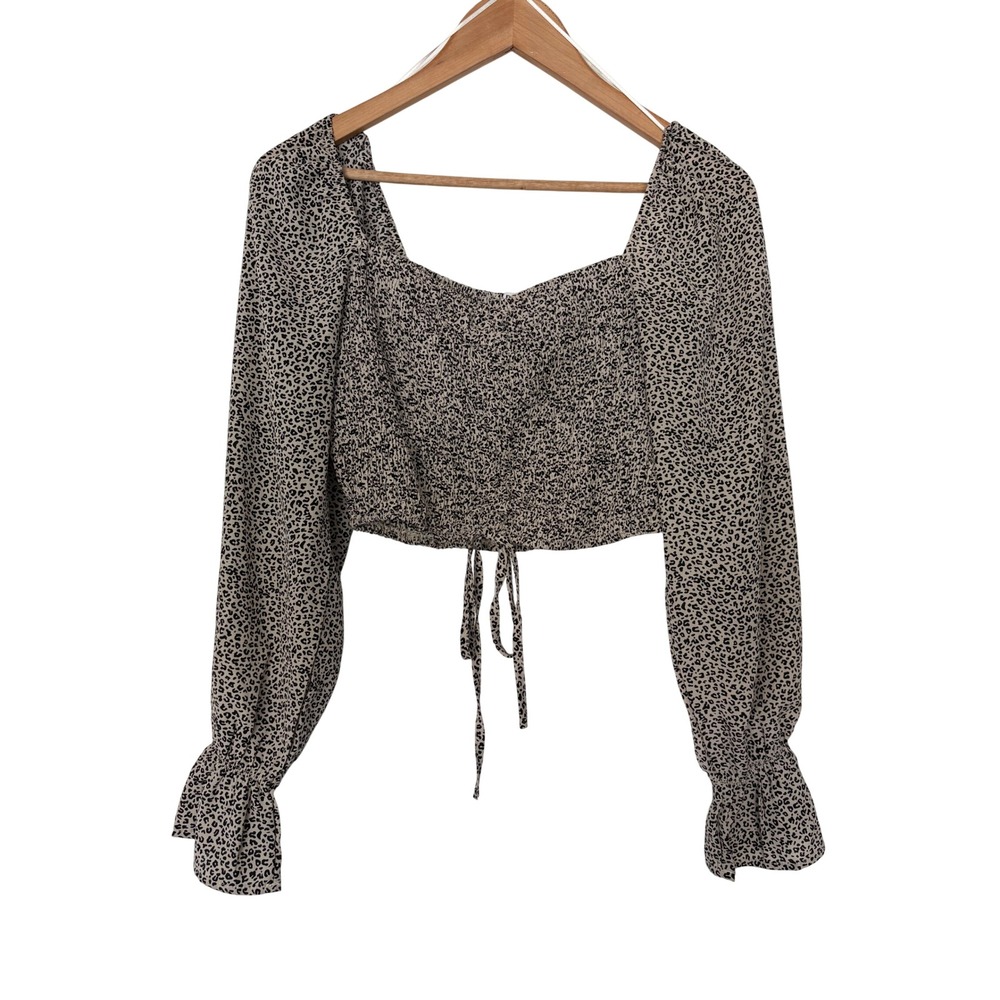 Le Lis Peasant Milkmaid Smocked Leopard Print Crop Square Neck Long Sleeve S